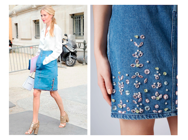 distressed embellished denim skirt